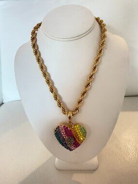 NWT KURT GEIGER LONDON XL CRYSTAL HEART LOCKET NECKLACE W BAG $198 MULTICOLOR